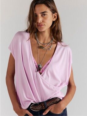 FP WE THE FREE Wrap Me Up Tee Pink Knit Faux Wrap Top XL Surplice NWT